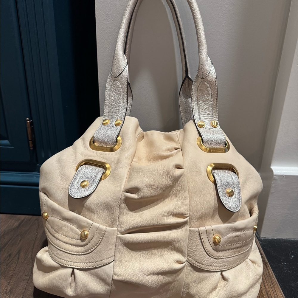 B. Makowsky cream and silver Shoulder Bag with Gold Accents